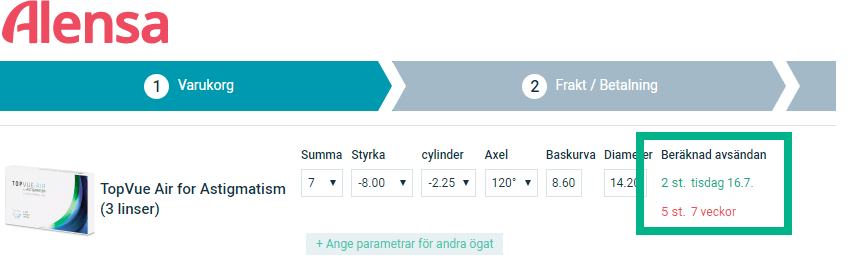 Alensa non-stock products delivery times basket